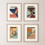 Set of 4 Sports Art Prints – Archery, Fencing, Cycling & Hockey – Modern Wall Decor - Hakyarts