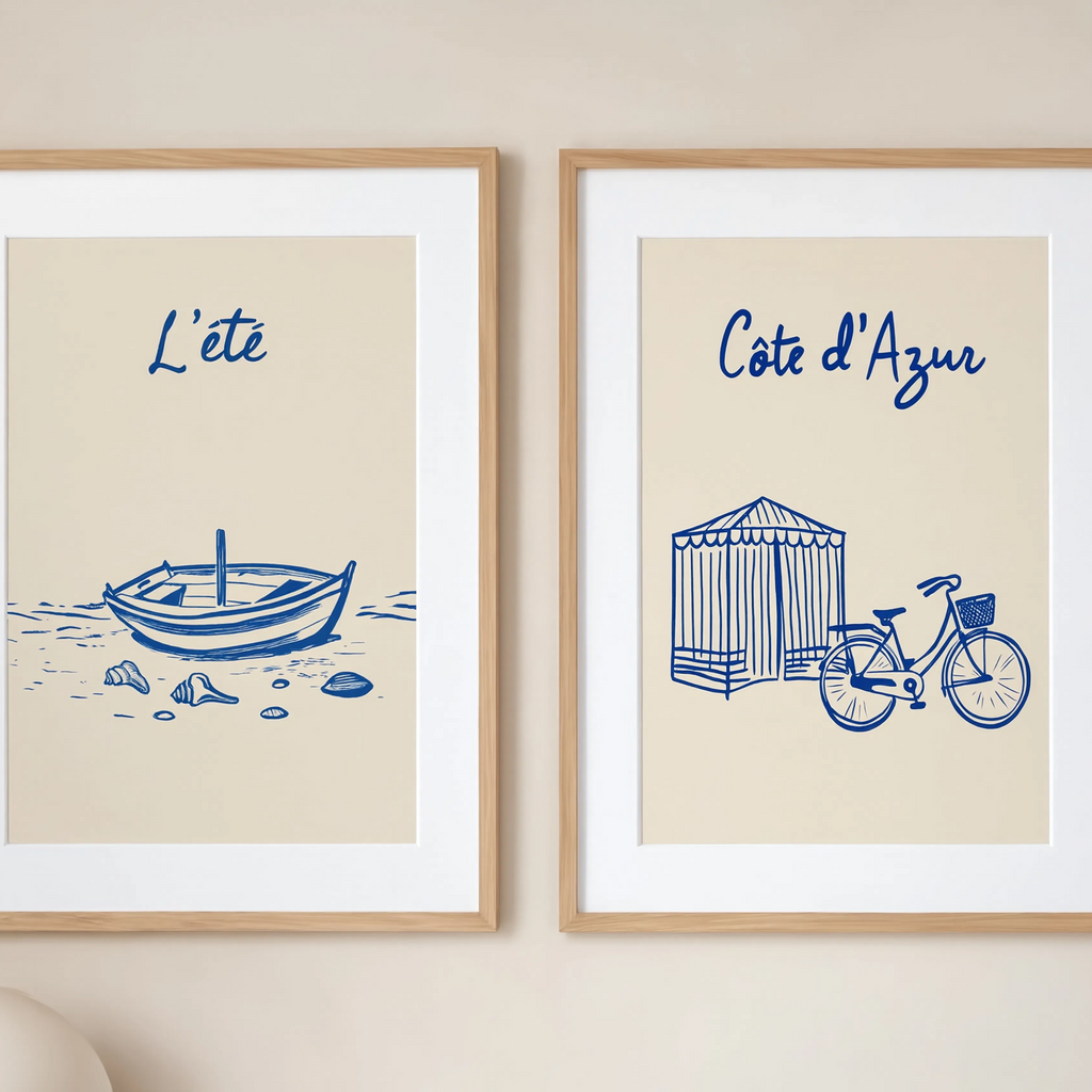 Set of 2 Côte d’Azur & L’Été Minimalist Wall Art Prints – Modern Mediterranean Gallery Set