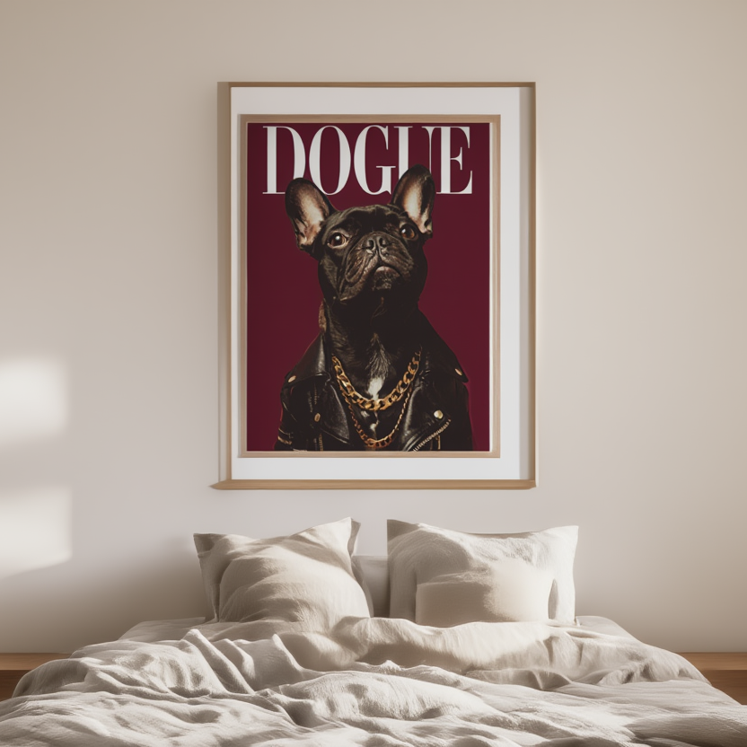 Dogue – French Black Bulldog Fashion Cover – Minimalist Wall Art Print