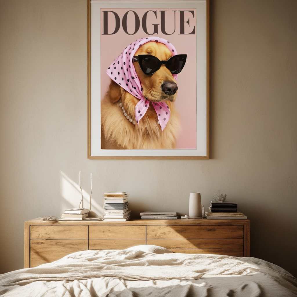 DOGUE – Golden Retriever Pink Wall Art Print | Chic Fashion Dog Poster | Minimalist Pet Decor