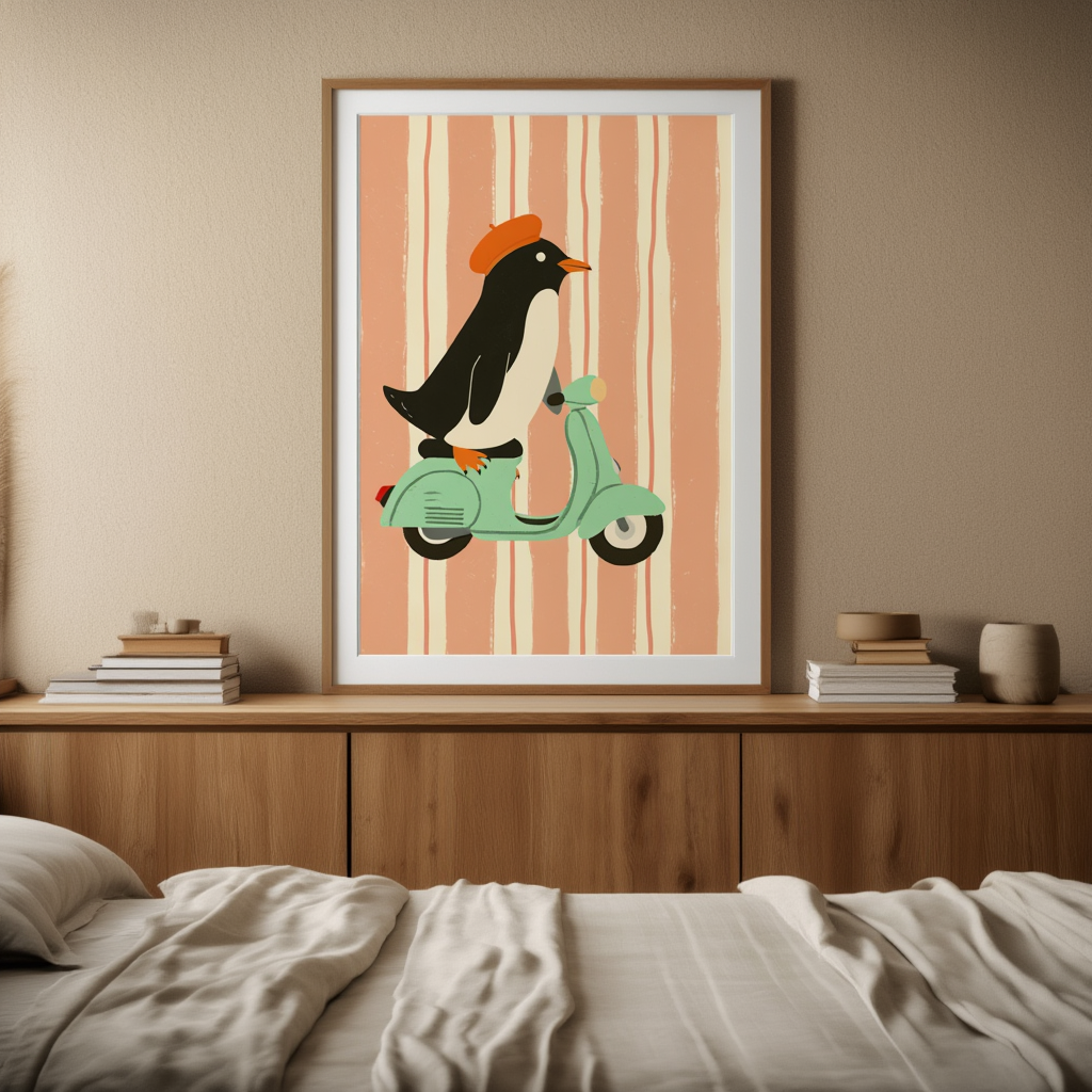 Scooter Penguin – Peach Stripes – Minimalist Wall Art Print