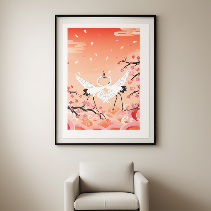 Illustrated Cranes Wall Art – Colourful Japanese‑Style Print