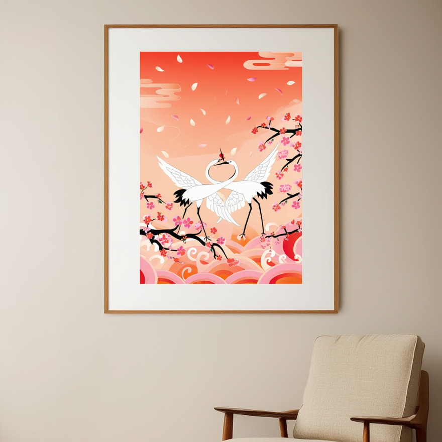 Illustrated Cranes Wall Art – Colourful Japanese‑Style Print