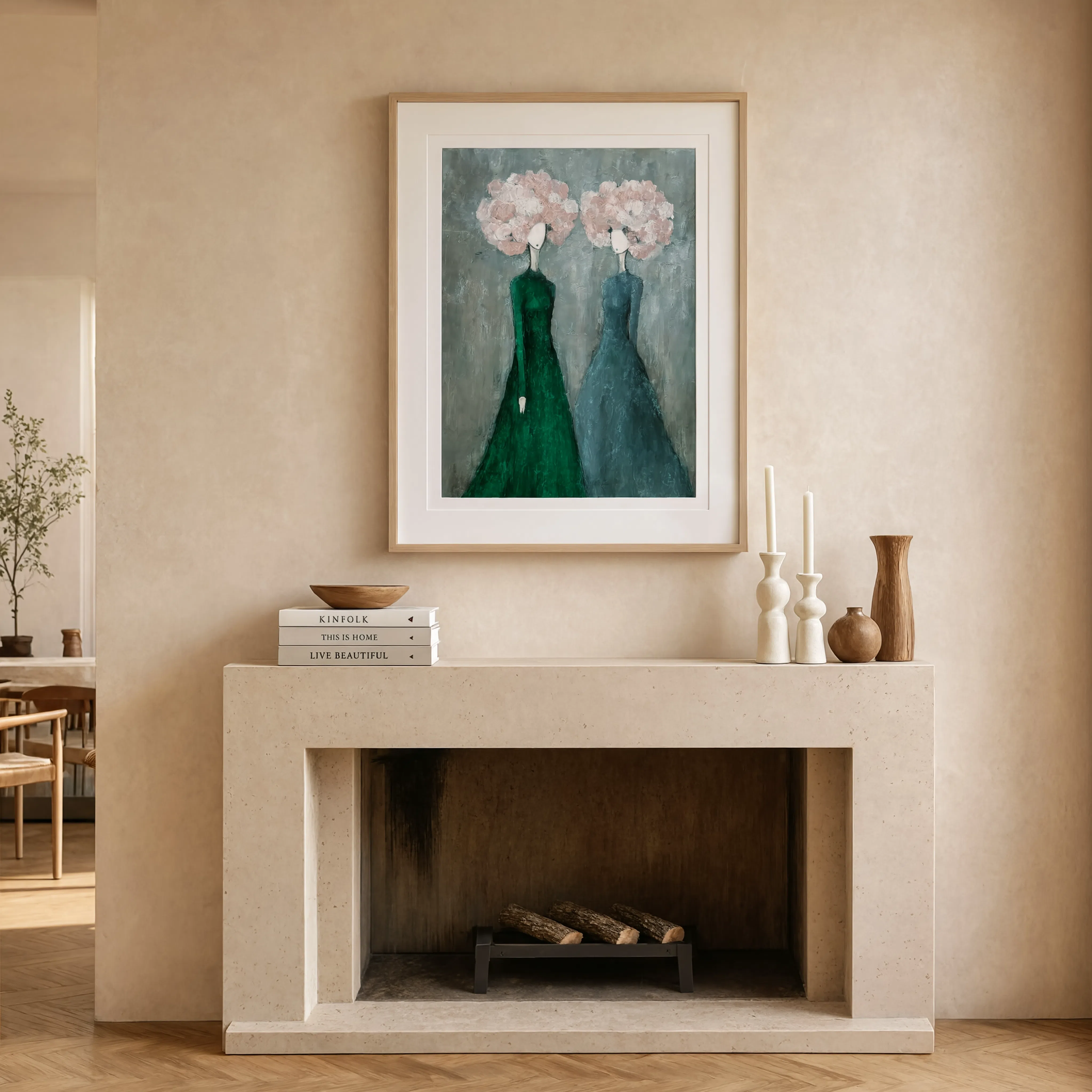Blush-Emerald Floral Figures | Contemporary Botanical Figurative Art Print