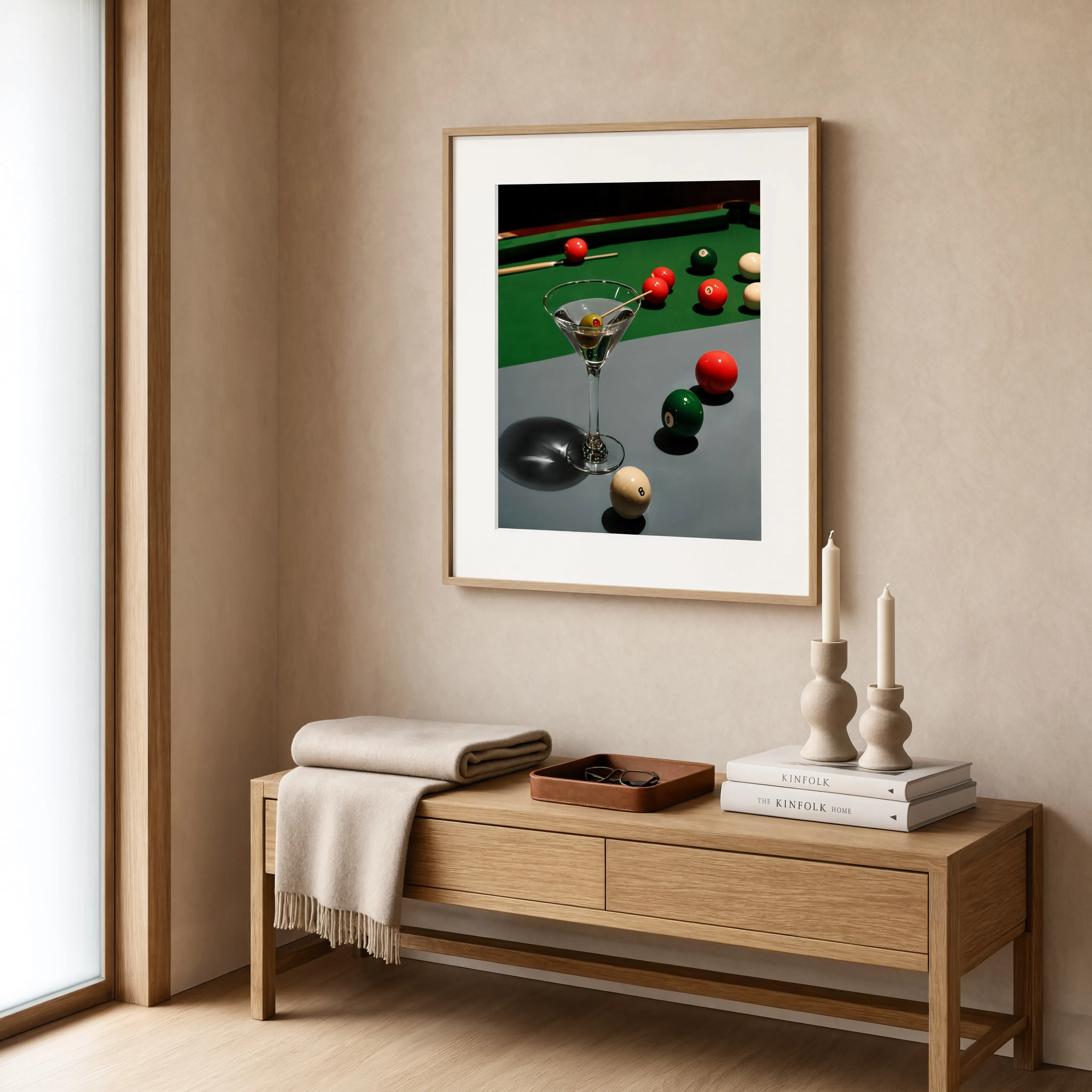 Emerald-Coral Billiard Still Life | Contemporary Game Room Art Print