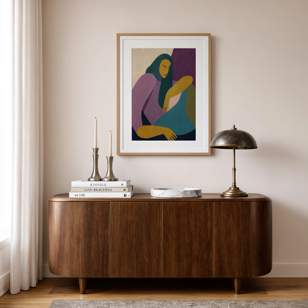 Two Seated Women | Teal Hue | Contemporary Figurative Art Print