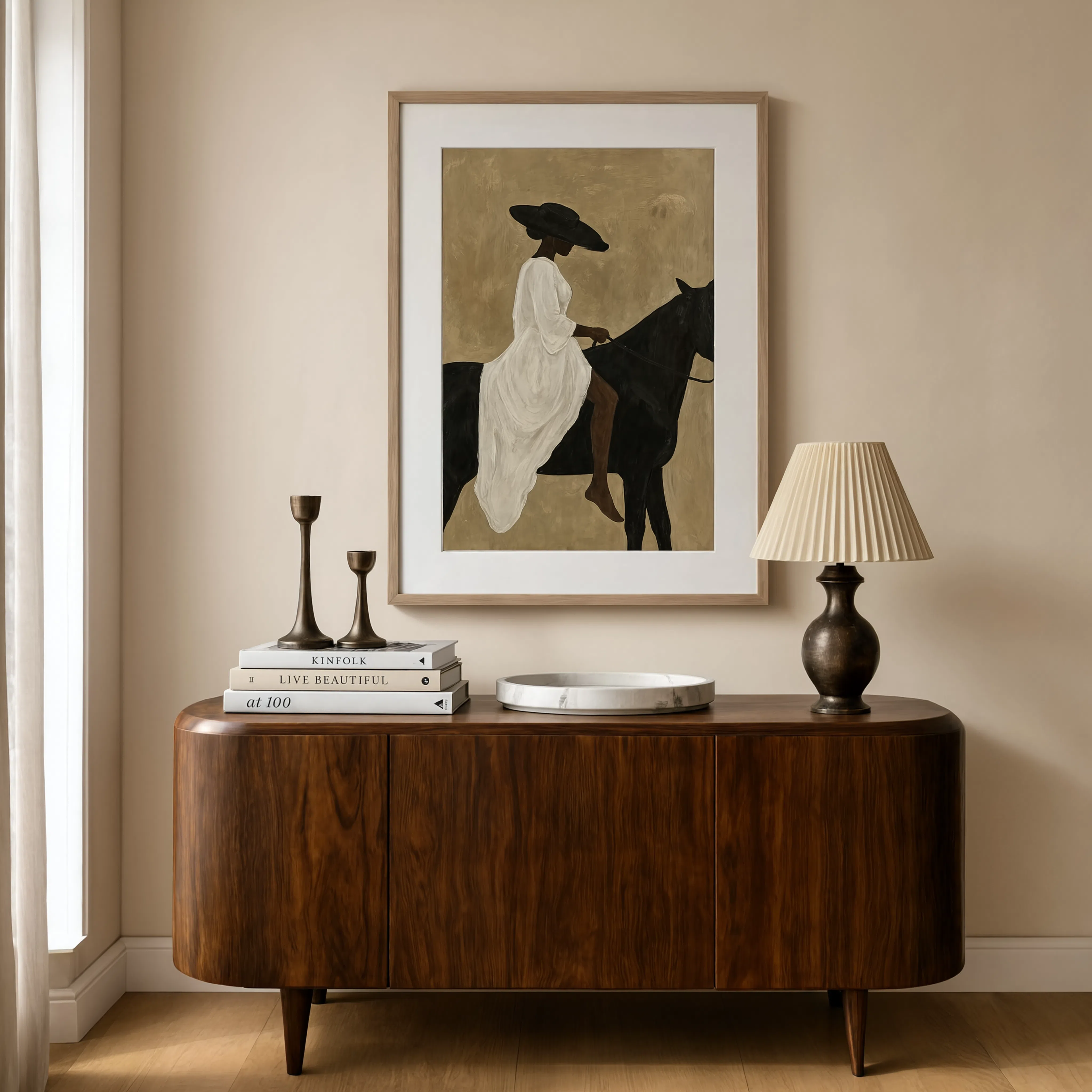 Minimalist Portrait of Alluring Black Woman on Horse | Modern Art Print