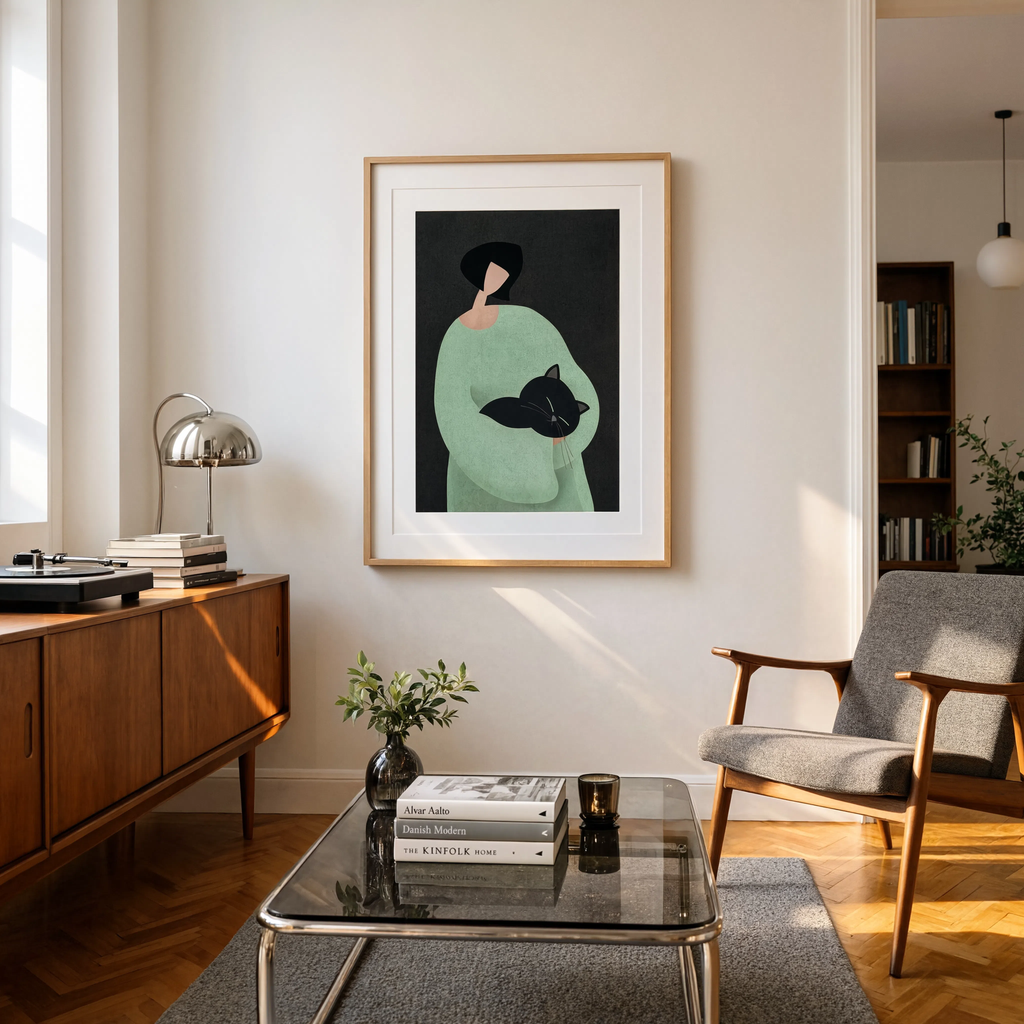 Figurative Woman with Cat | Contemporary Feminine Wall Art