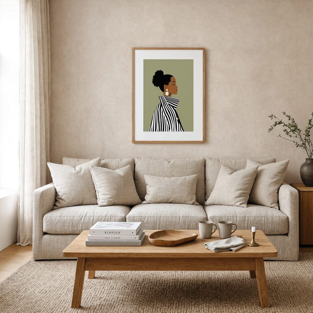Portrait of a Beautiful Woman in a Striped Coat | Modern Art Print