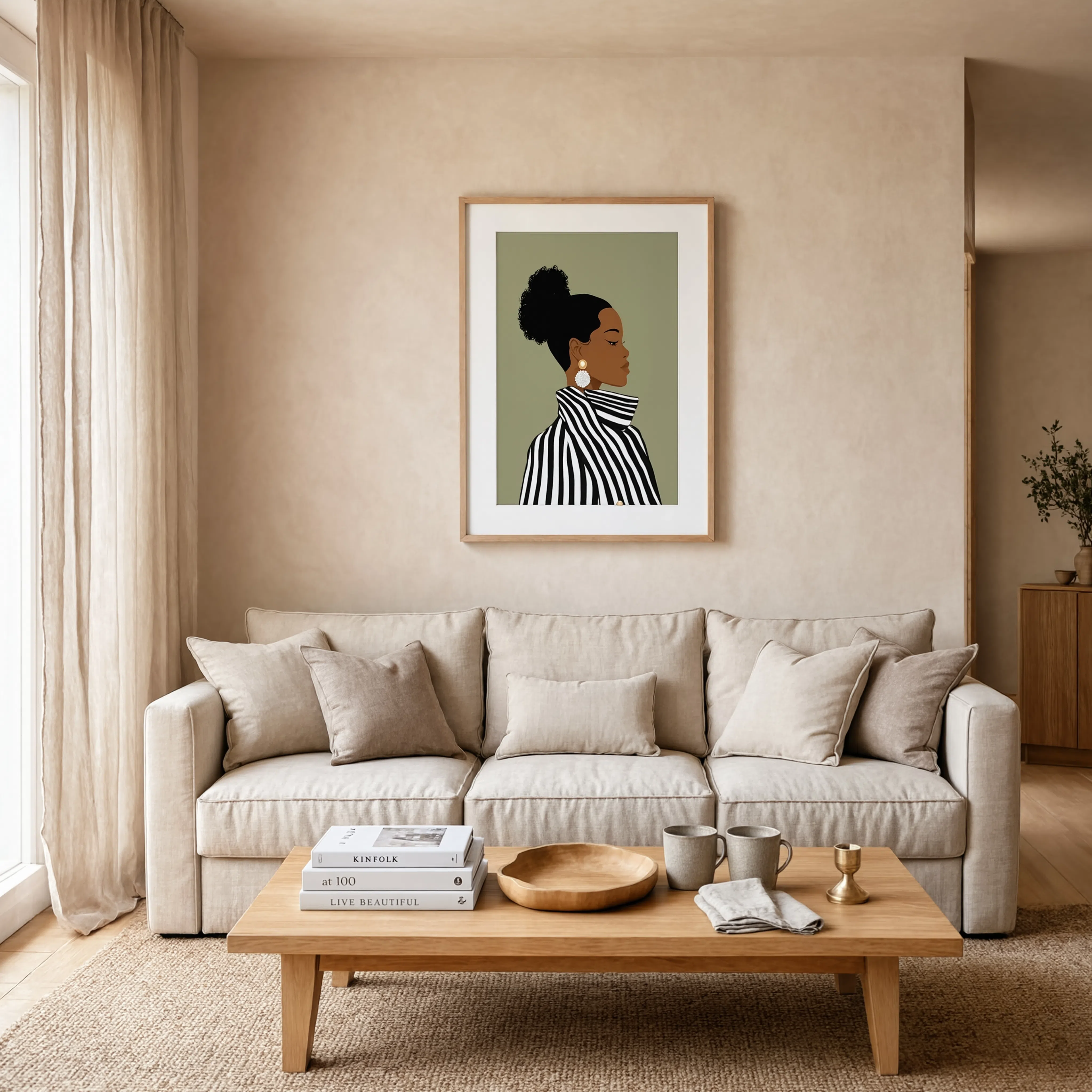 Portrait of a Beautiful Woman in a Striped Coat | Modern Art Print