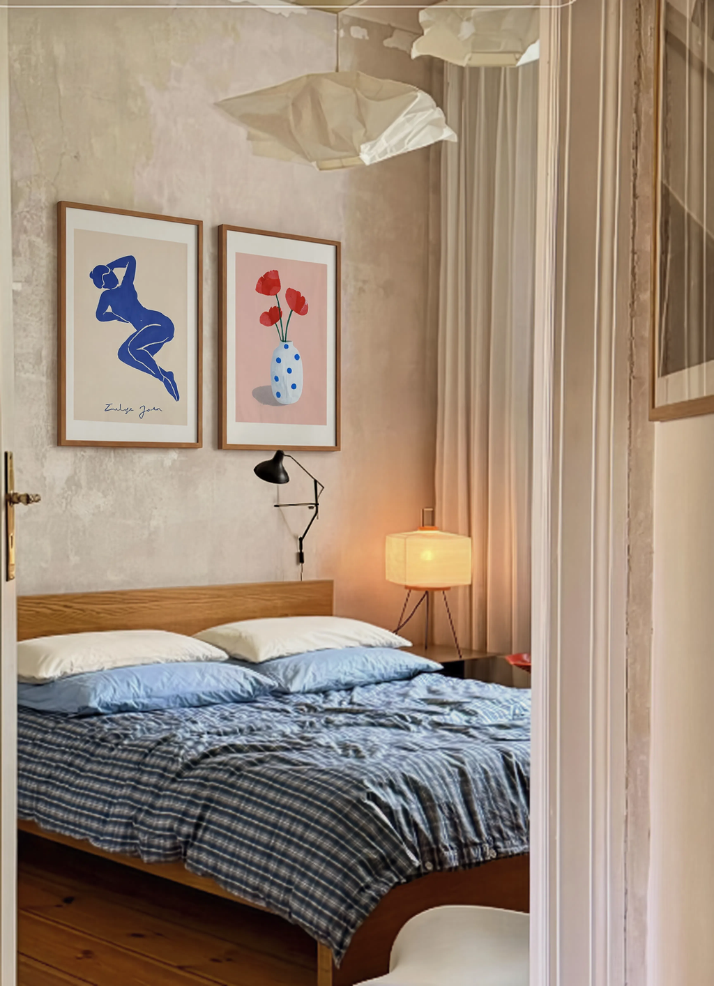 Set of 2 Blue Female Figure & Polka Dot Vase Prints | Contemporary Figurative & Still Life Wall Art Set