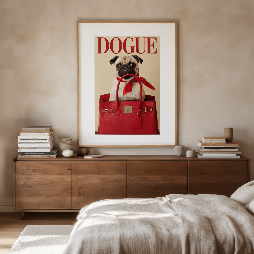 DOGUE – Pug Red Wall Art Print | Fashion Dog Poster | Bold Minimalist Pet Decor