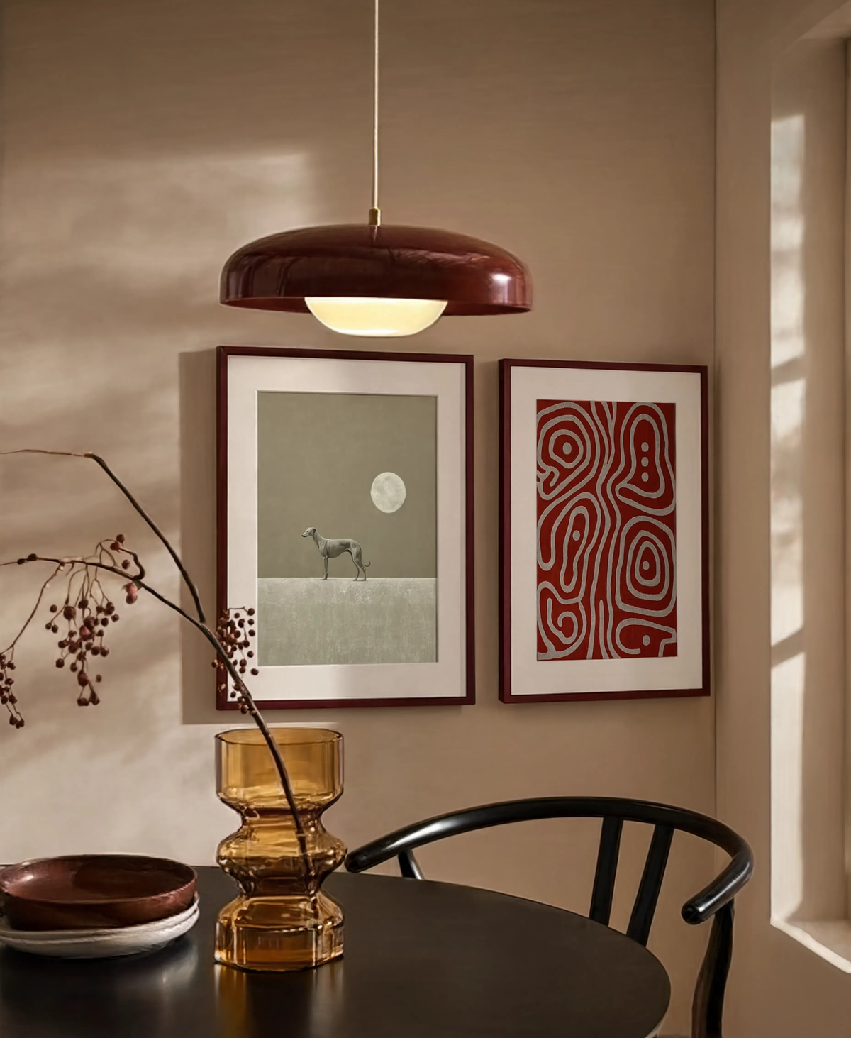 Set of 2 Red Labyrinth & Moonlight Minimalist | Contemporary Abstract & Minimalist Art Prints