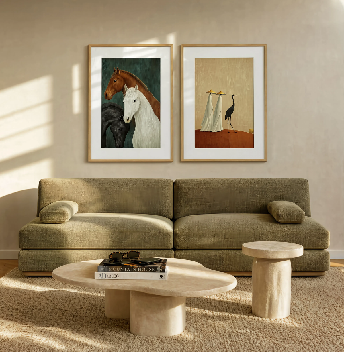 Set of 2 Three Horses Study & Two Figures and a Bird | Contemporary Figurative Wall Art Prints