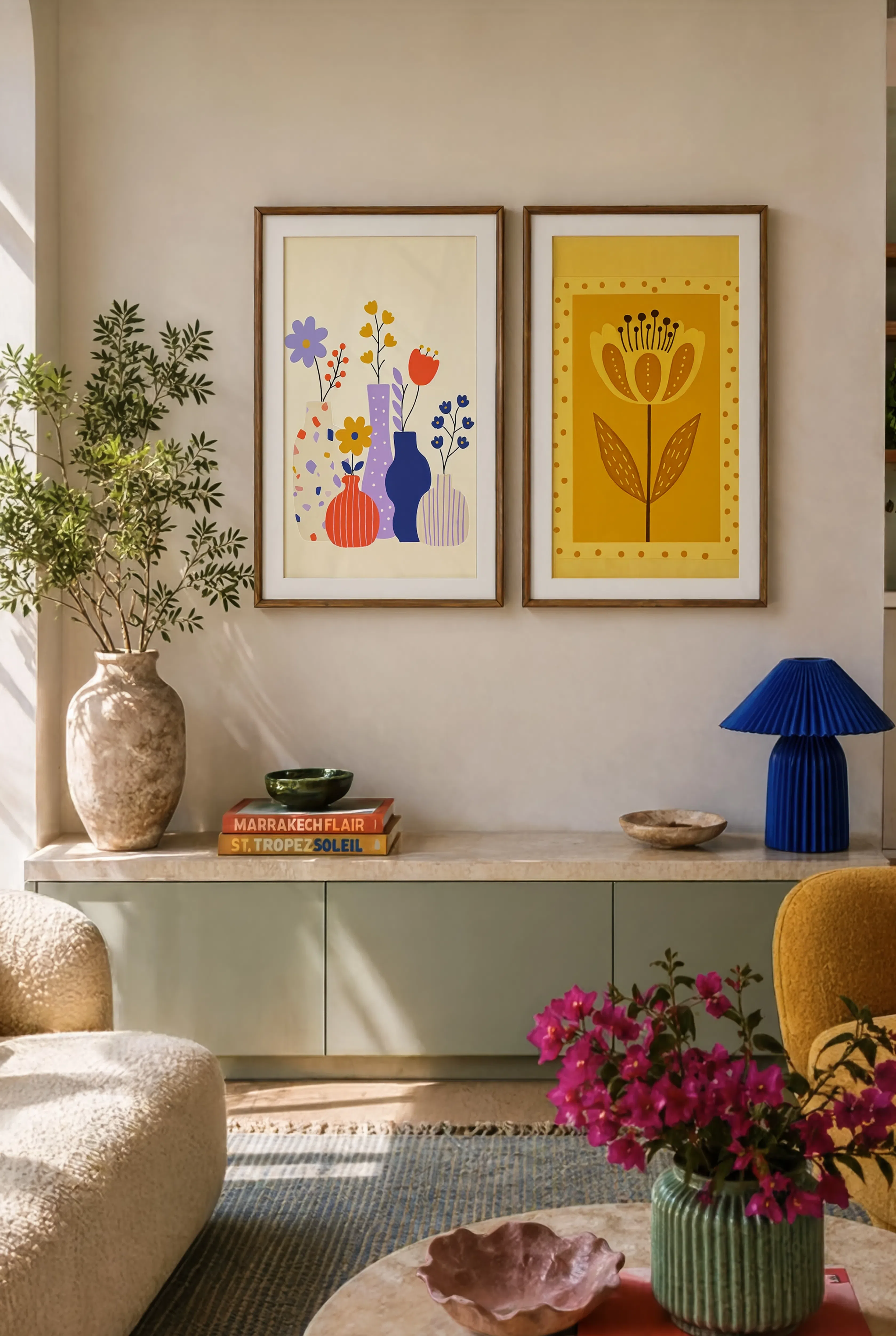 Set of 2 Golden Amber Flower Print & Vase Still-Life Prints | Contemporary Botanical Wall Art Set 50×70 cm