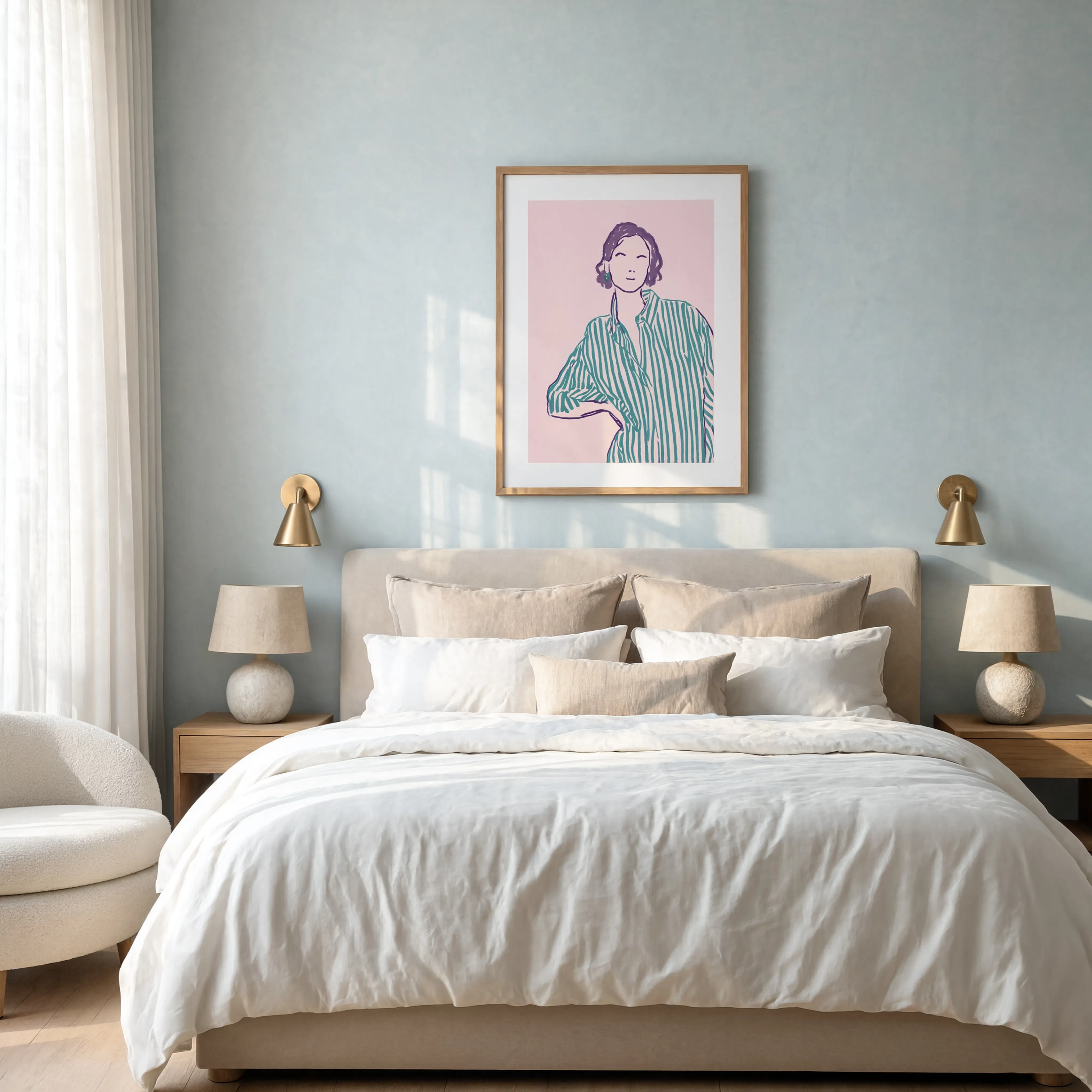 Striped Shirt Feminine Illustration | Contemporary Figurative Wall Art