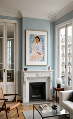 Seated Woman in Patterned Dress | Contemporary Figurative Fashion Wall Art