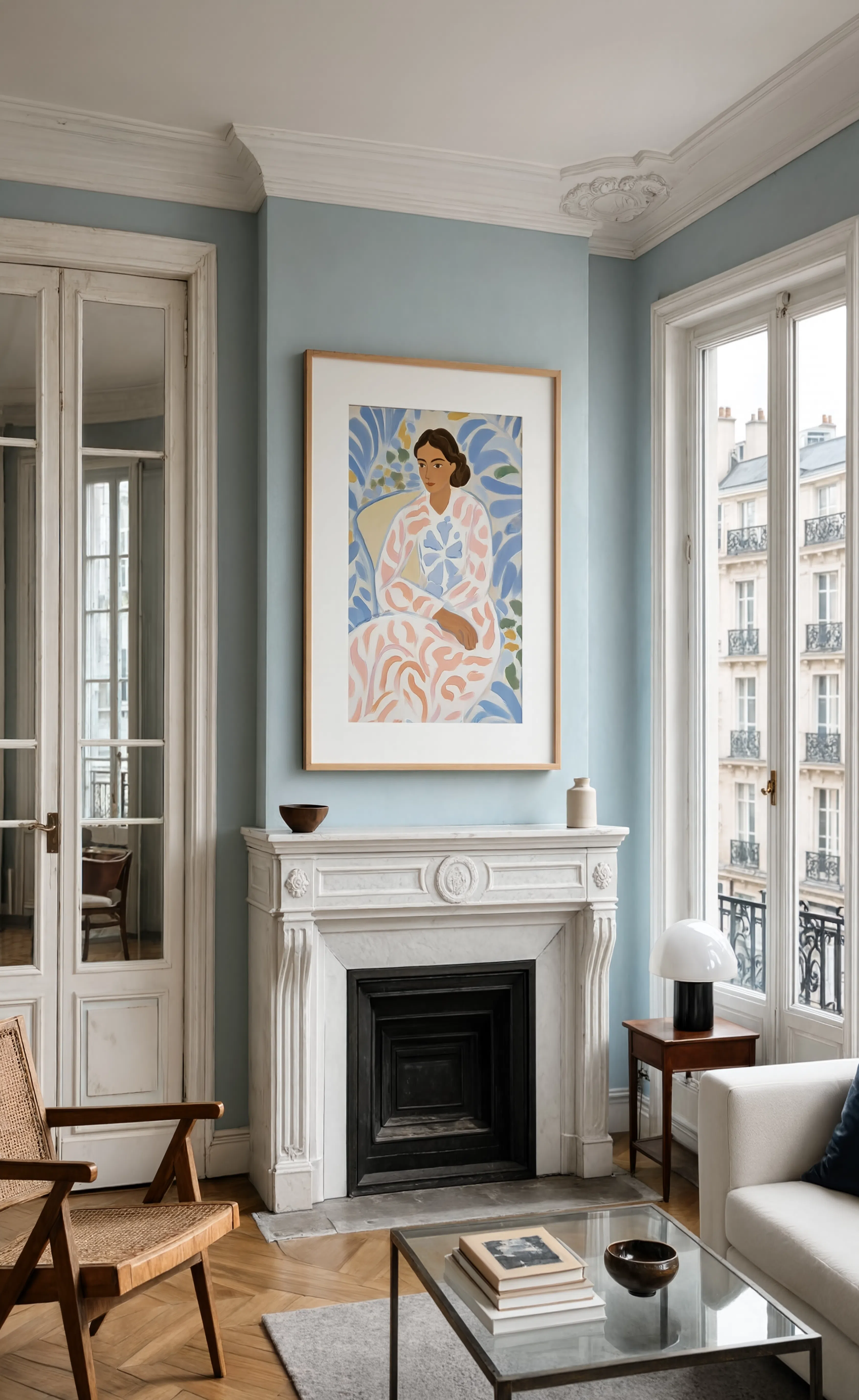 Seated Woman in Patterned Dress | Contemporary Figurative Fashion Wall Art