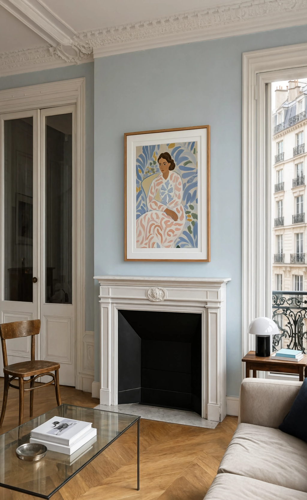 Seated Woman in Patterned Dress | Contemporary Figurative Fashion Wall Art