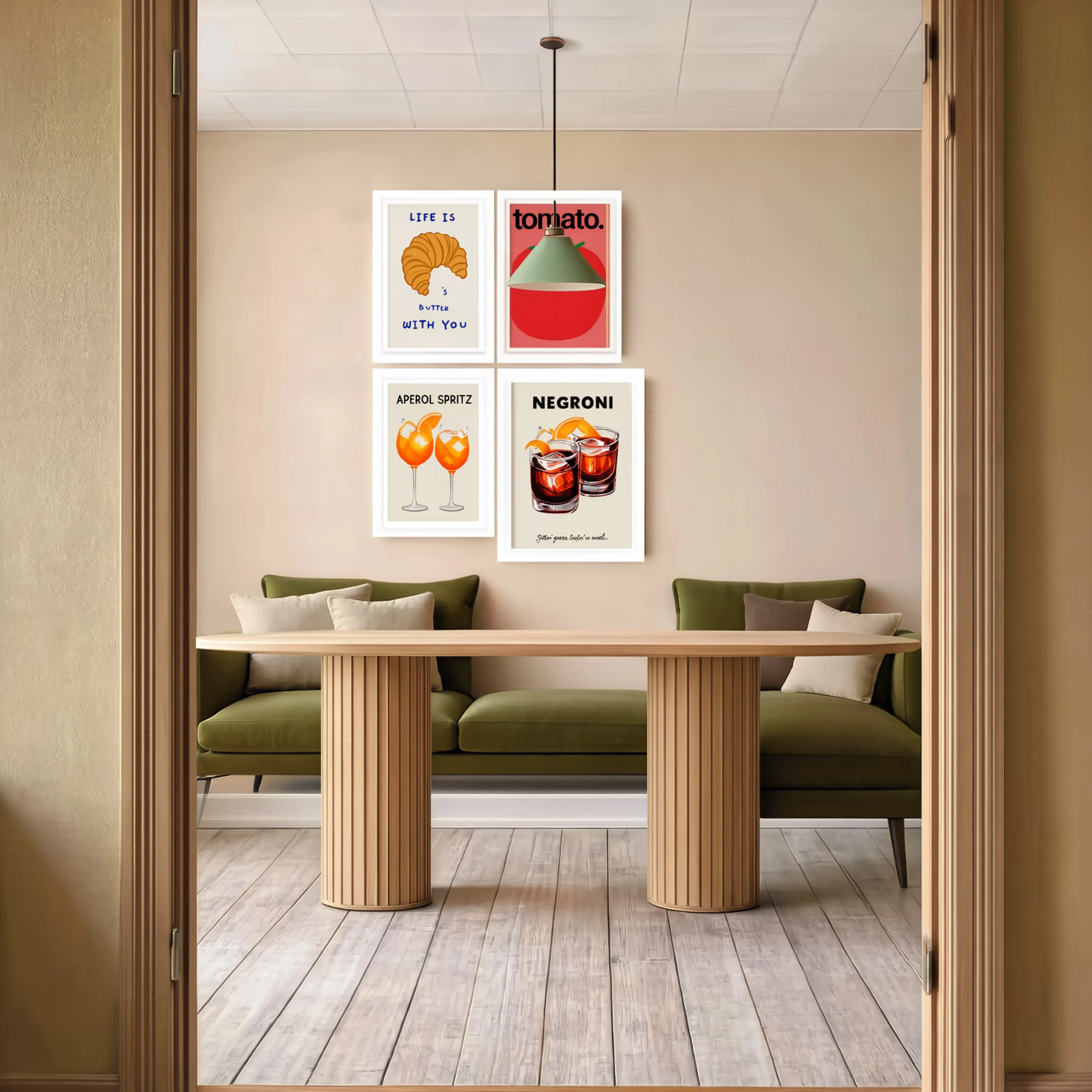 Set of 4 Wall Art Prints – Golden Morning Croissant, Tomato Maximalist, Negroni Cocktail & Red Lobster Collection