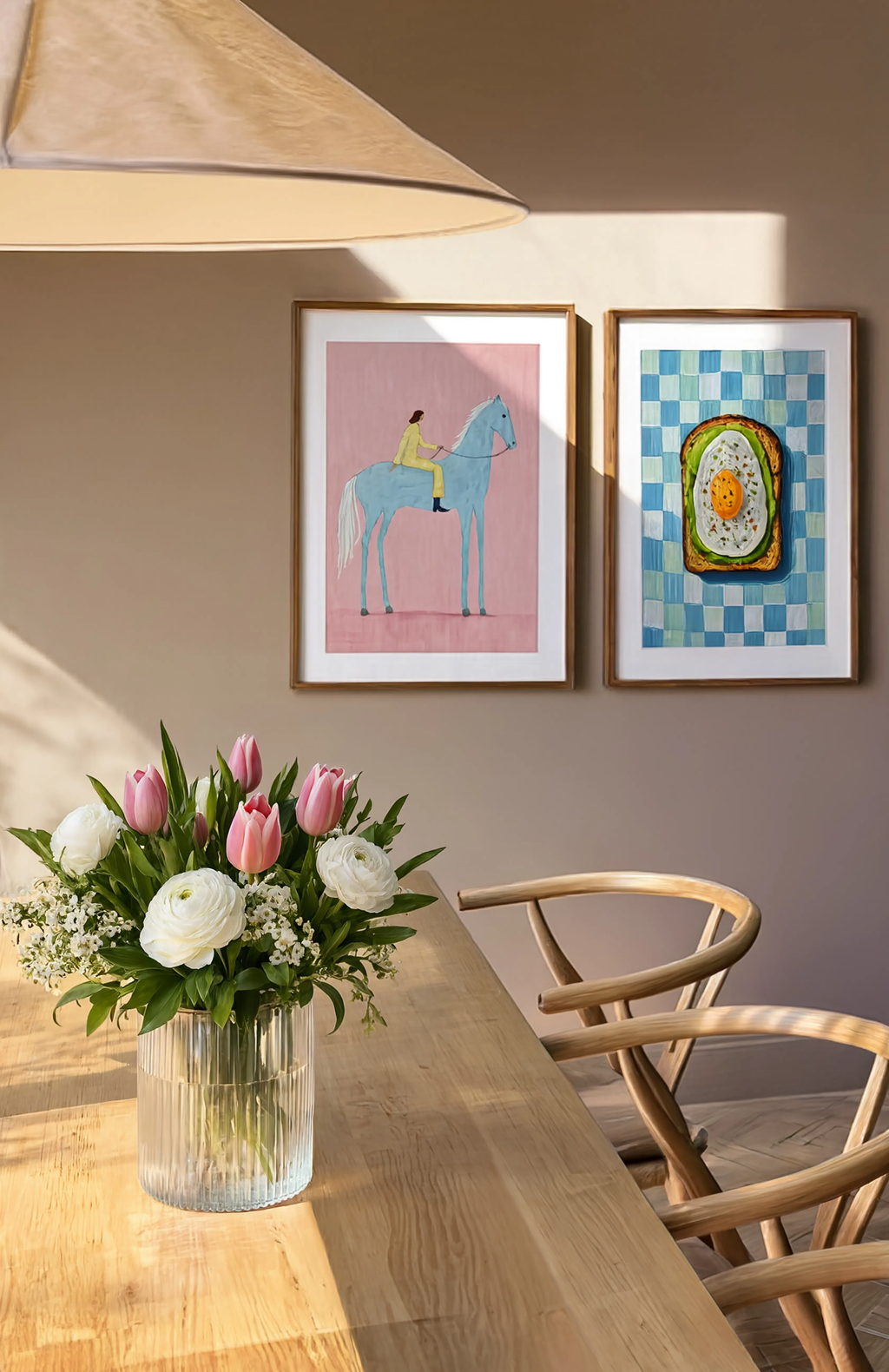 Set of 2 Horse and Rider & Avocado and Eggs on Toast Prints | Contemporary Equestrian & Kitchen Wall Art Set