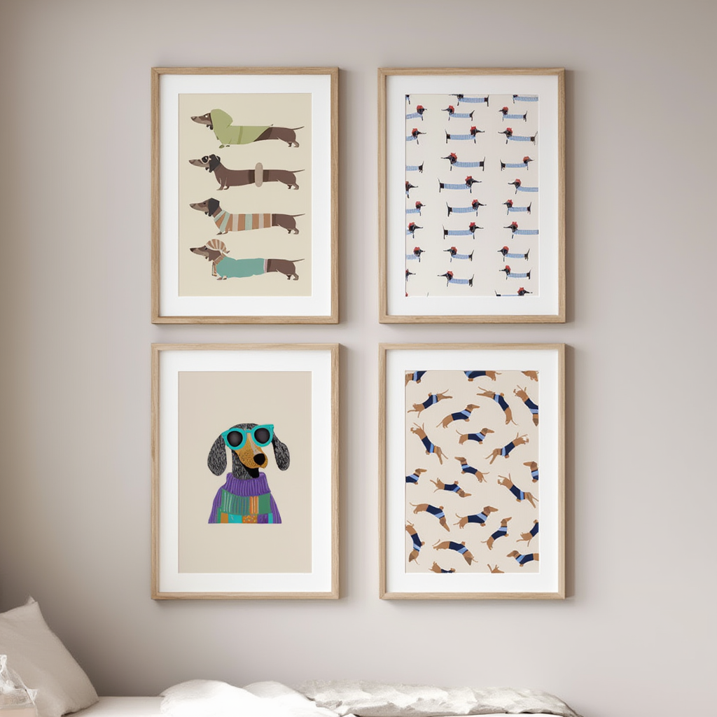 Set of 4 Illustrated Dog Prints – Paws & Whimsical Wall Art - Hakyarts