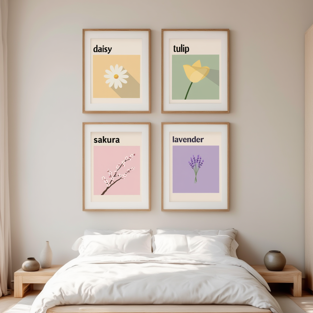 Set of 4 Lavender, Daisy, Tulip and Sakura Floral Prints