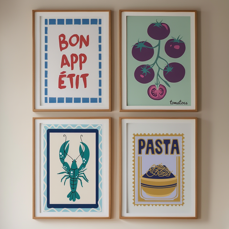 Set of 4 Kitchen Wall Art Prints – Pasta, Lobster, Tomatoes & ‘Bon Appétit’