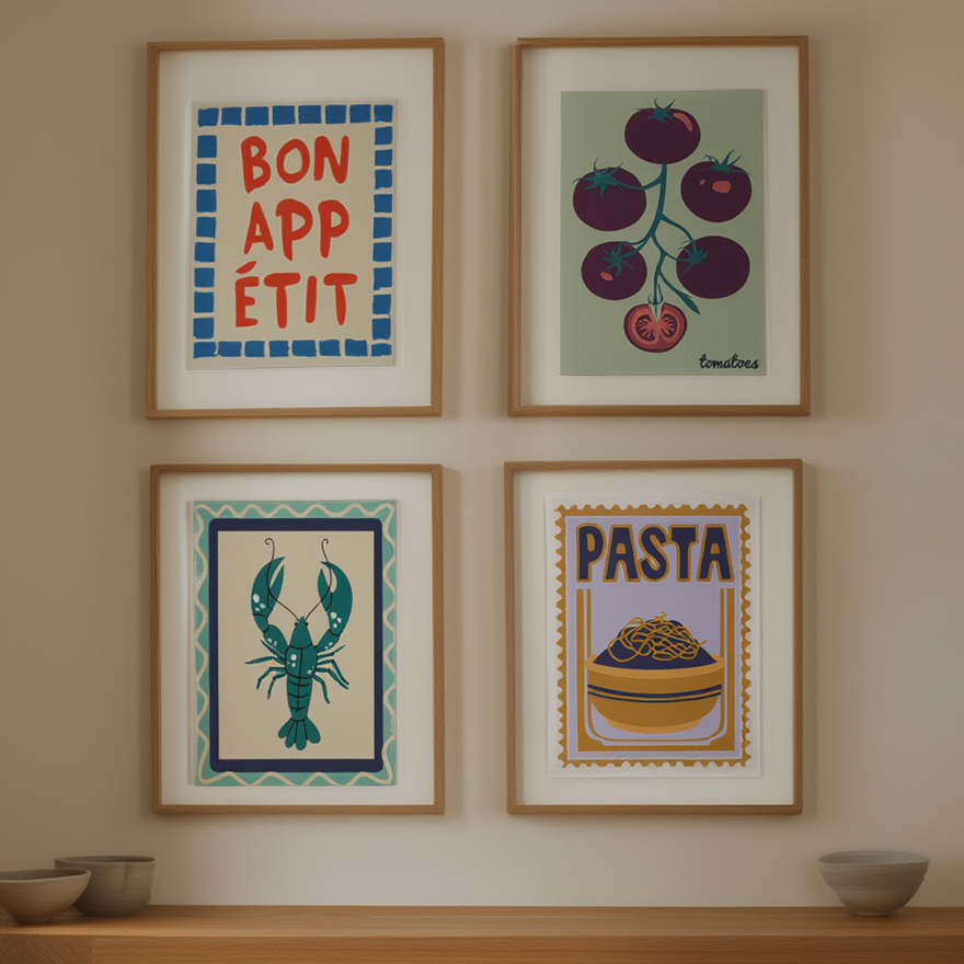 Set of 4 Kitchen Wall Art Prints – Pasta, Lobster, Tomatoes & ‘Bon Appétit’