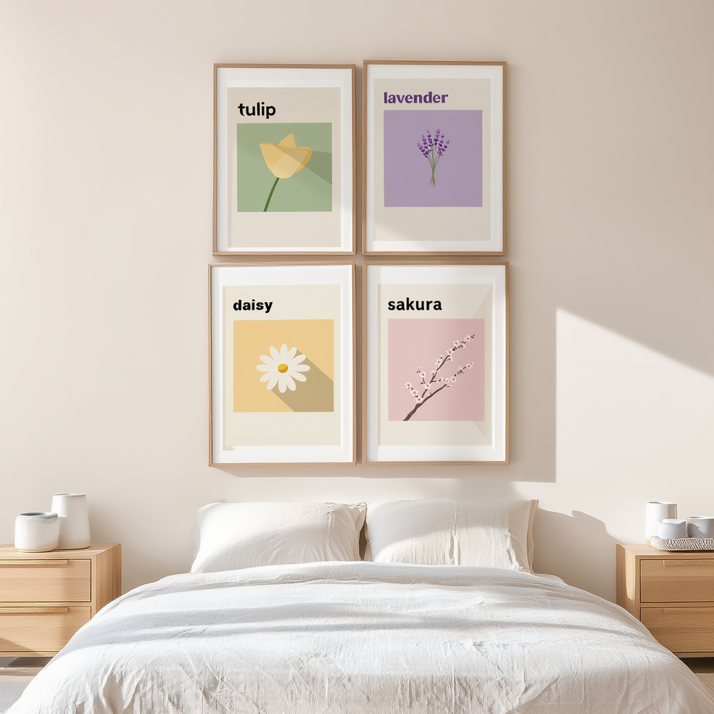 Set of 4 Lavender, Daisy, Tulip and Sakura Floral Prints