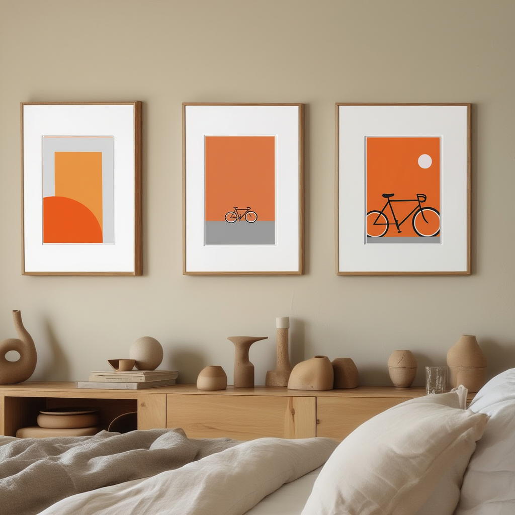 Abstract Orange Bauhaus Bicycle – Living Room Set of 3 Prints - Hakyarts