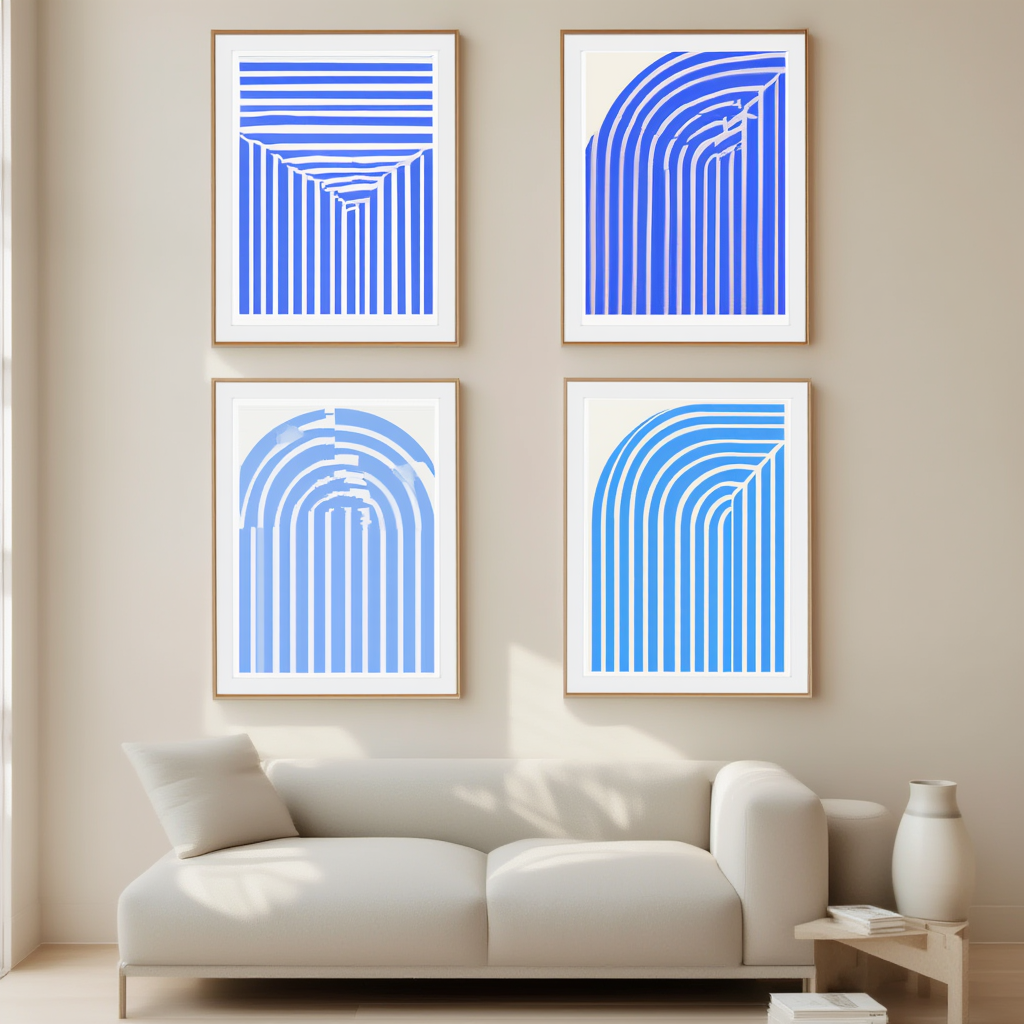 Blue Bauhaus Rainbow – Living Room Set of 4 Modern Prints
