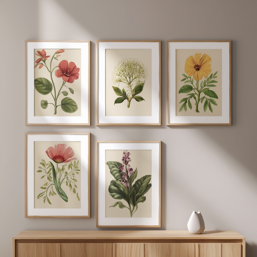 Botanical Harmony – Set of 5 Art Prints - Hakyarts