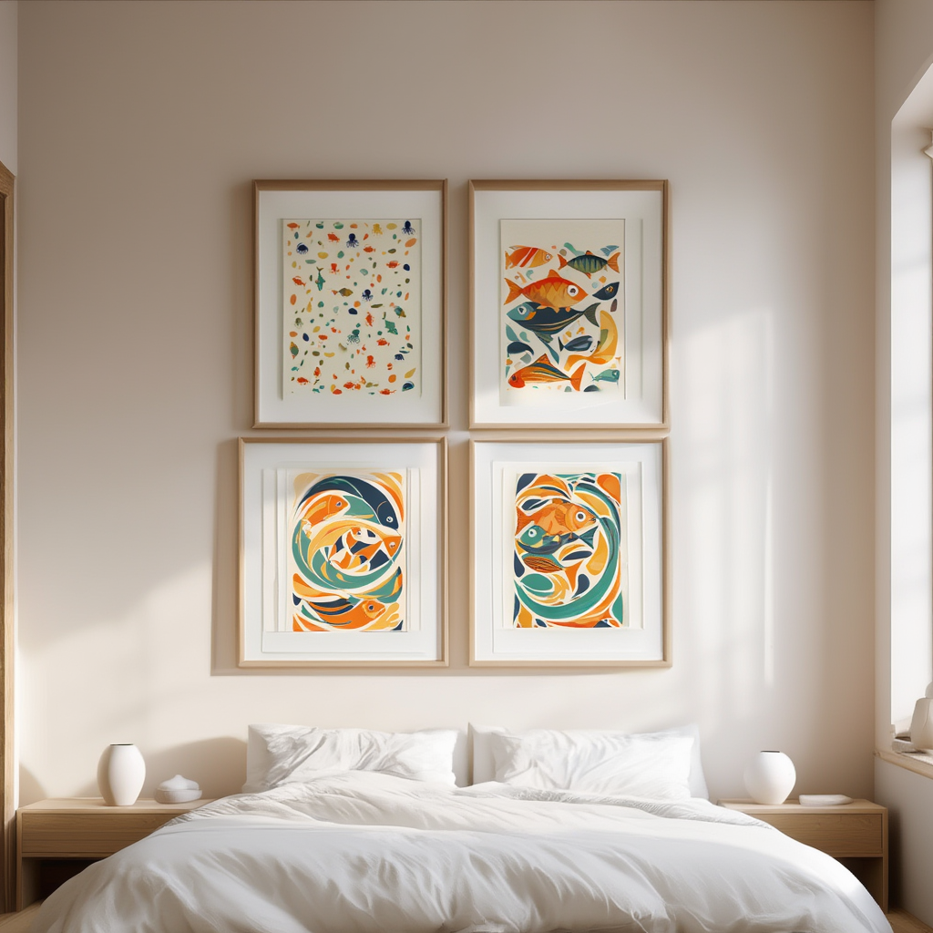 Lisbon Sun Lemon Fish – Living Room Set of 4 Prints - Hakyarts