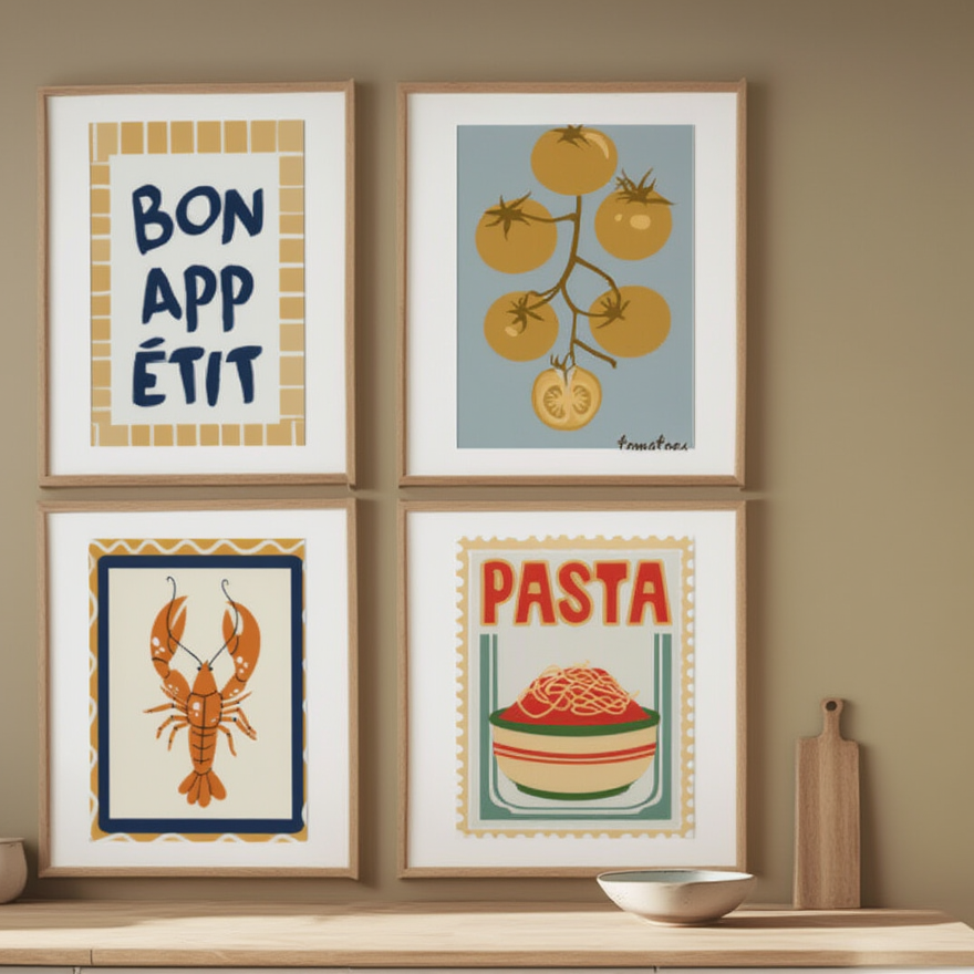 Bon Appétit Kitchen Art Set – 4 Prints Featuring Pasta, Lobster & Tomatoes