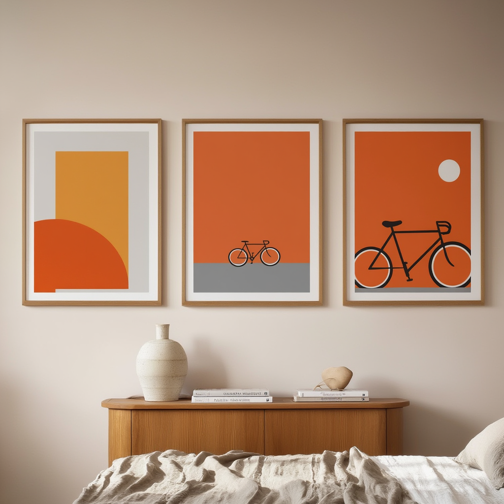 Abstract Orange Bauhaus Bicycle – Living Room Set of 3 Prints - Hakyarts