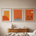 Abstract Orange Bauhaus Bicycle – Living Room Set of 3 Prints - Hakyarts