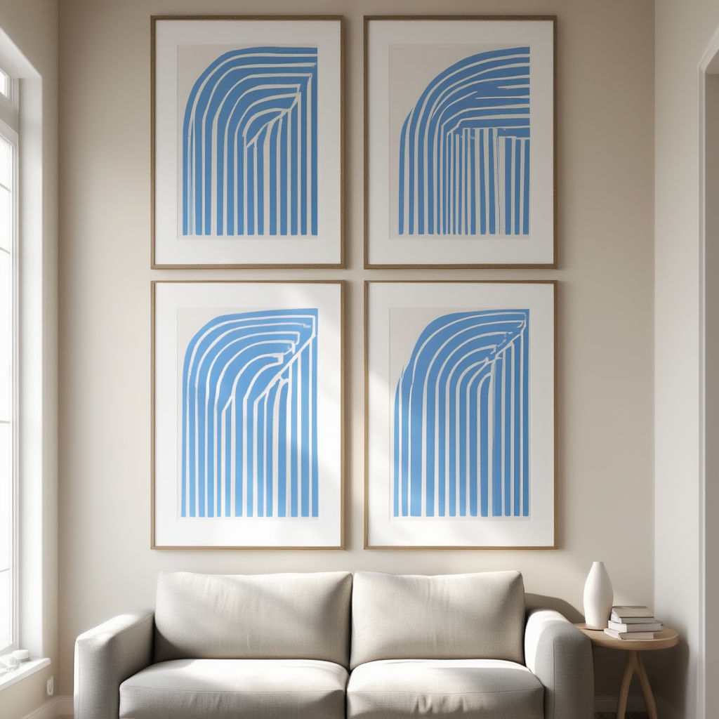 Blue Bauhaus Rainbow – Living Room Set of 4 Modern Prints
