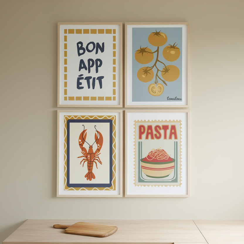 Bon Appétit Kitchen Art Set – 4 Prints Featuring Pasta, Lobster & Tomatoes