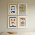Bon Appétit Kitchen Art Set – 4 Prints Featuring Pasta, Lobster & Tomatoes