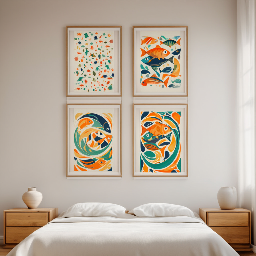 Lisbon Sun Lemon Fish – Living Room Set of 4 Prints - Hakyarts