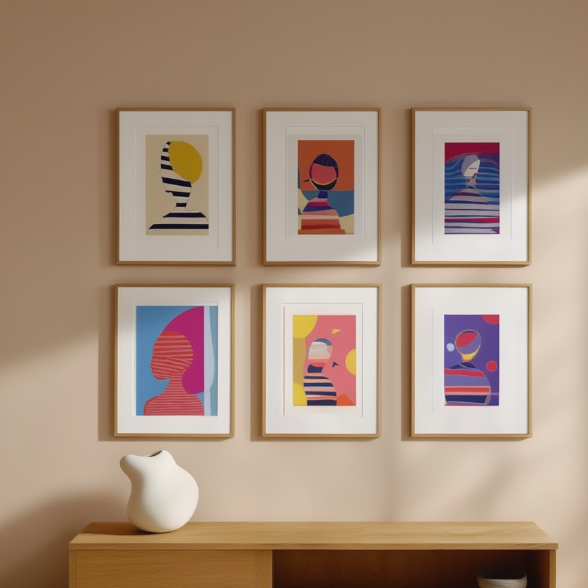 Striped Girl Reading – Set of 5 Modern Bedroom Art Prints - Hakyarts