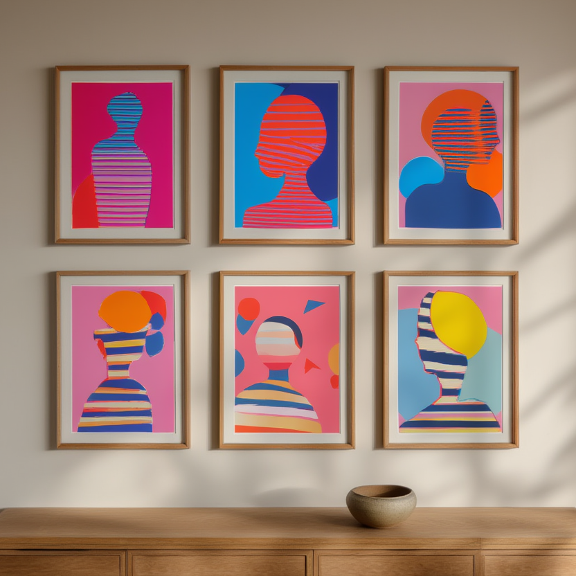 Striped Girl Reading – Set of 5 Modern Bedroom Art Prints - Hakyarts