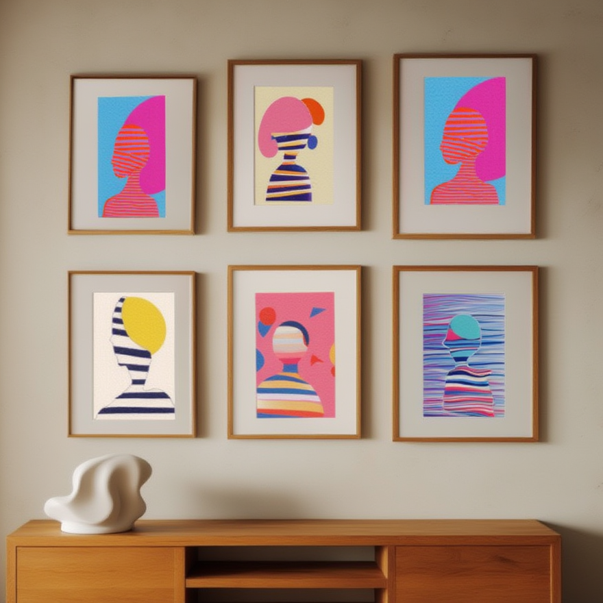 Striped Girl Reading – Set of 5 Modern Bedroom Art Prints - Hakyarts