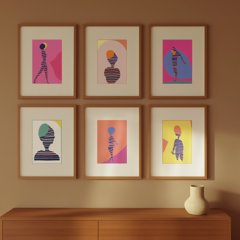 Striped Girl Reading – Set of 5 Modern Bedroom Art Prints - Hakyarts
