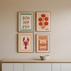 Italian Kitchen Print Set of 4 – Pasta, Lobster, Tomatoes & Bon Appétit Typography