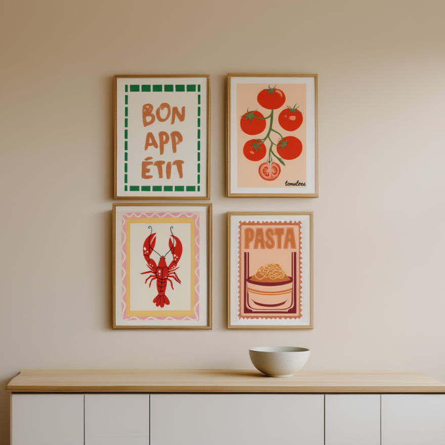Italian Kitchen Print Set of 4 – Pasta, Lobster, Tomatoes & Bon Appétit Typography