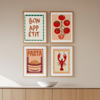 Italian Kitchen Print Set of 4 – Pasta, Lobster, Tomatoes & Bon Appétit Typography