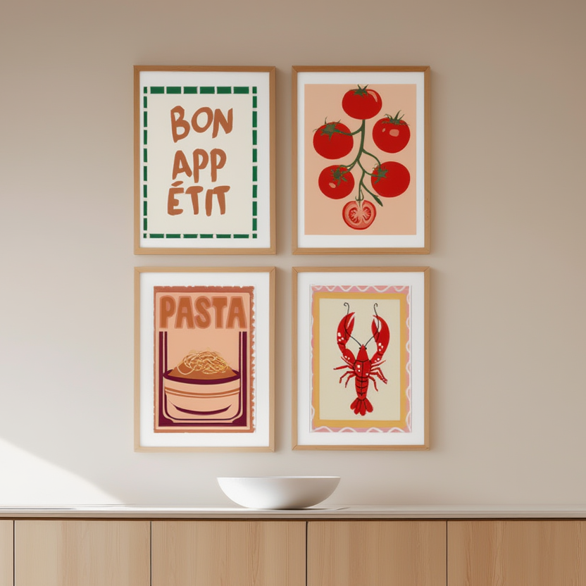 Italian Kitchen Print Set of 4 – Pasta, Lobster, Tomatoes & Bon Appétit Typography