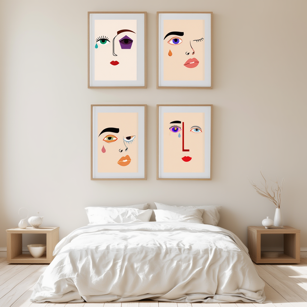 Set of 4 Surreal Face Prints – Dream Echo, Fragmented Mind, Veiled Identity & Fluid Expression - Hakyarts